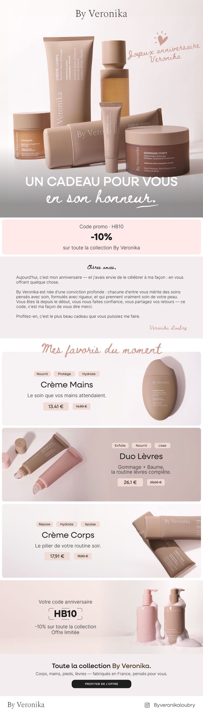 Newsletter By Veronika, soins du corps, campagne anniversaire