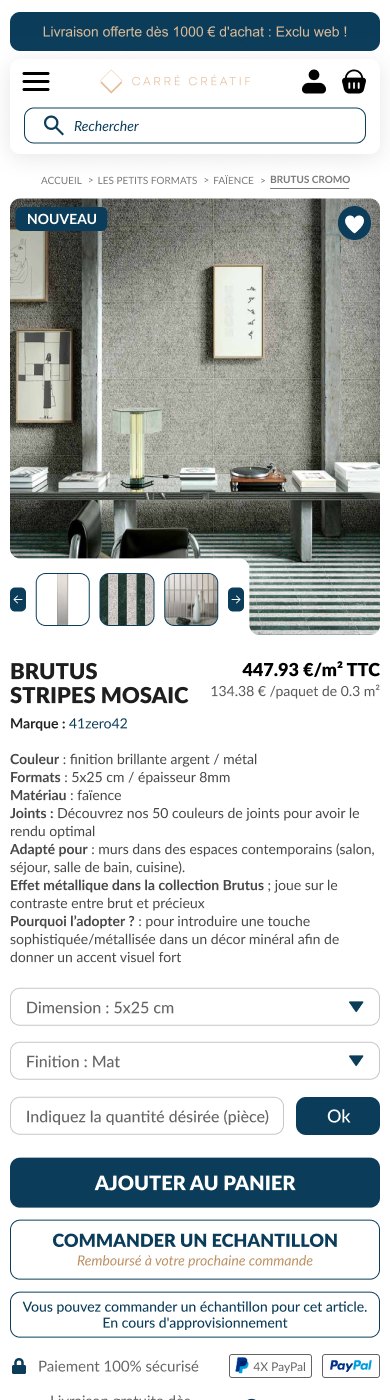 Fiche produit du site e-commerce Carré Créatif, carrelage et décoration, version mobile