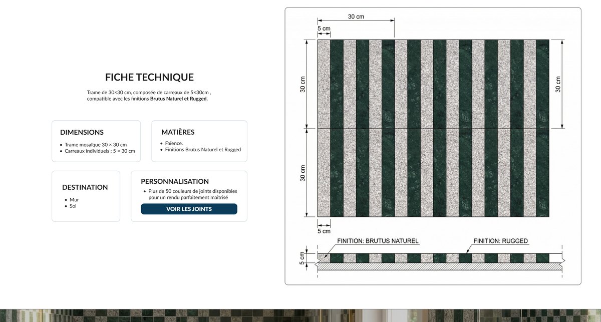 Bloc caractéristiques techniques du site e-commerce Carré Créatif, carrelage et décoration