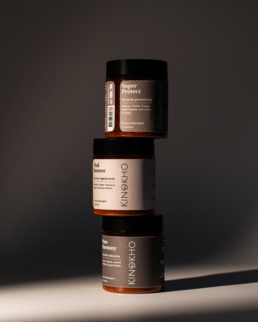 Univers de marque Kinokho, compléments bien-être, pots de la gamme