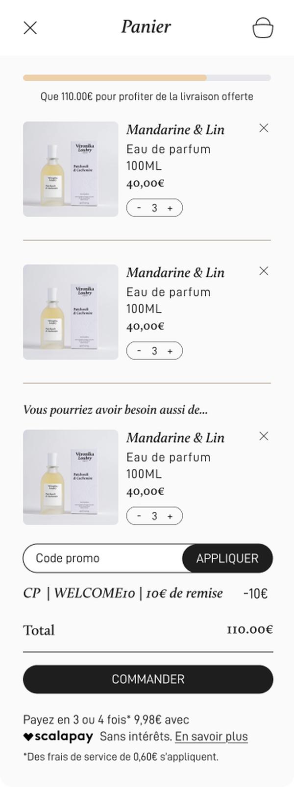 Page panier du site e-commerce parfumerie naturelle