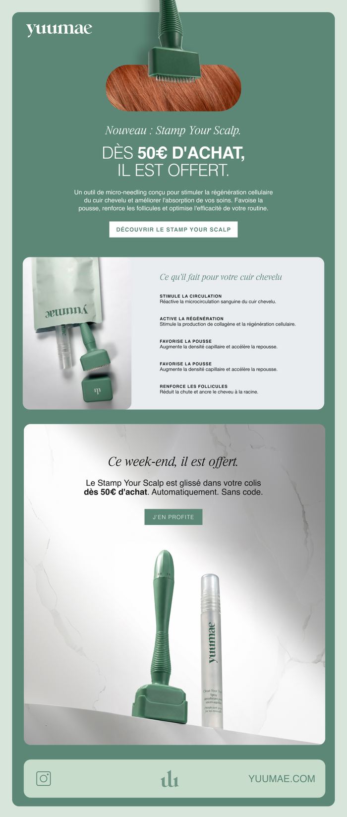 Newsletter Yuumae, soins du cuir chevelu, campagne tampon